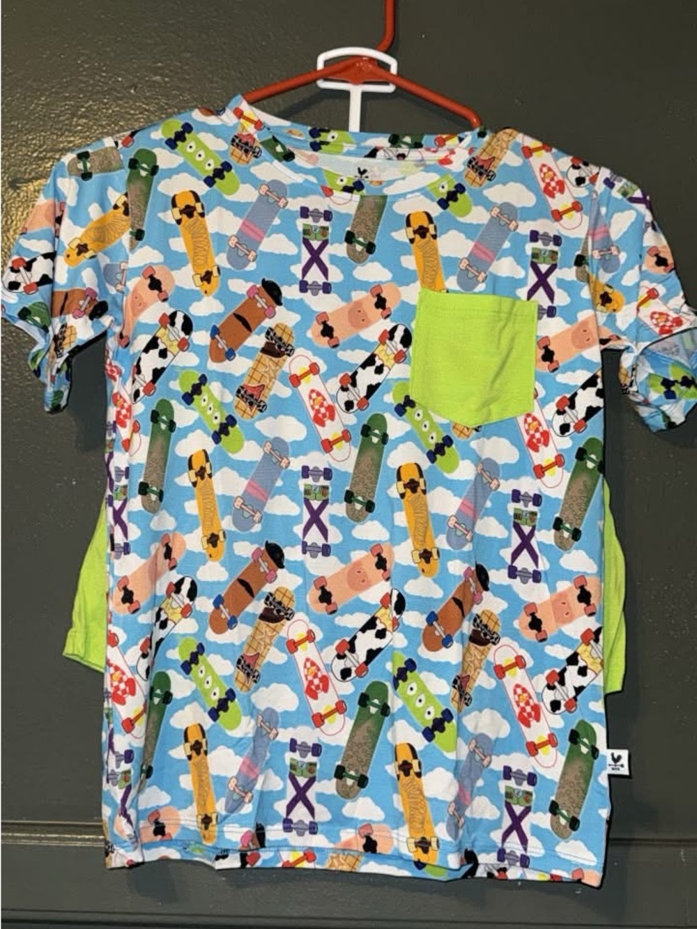 BAMBOO Light Blue Skateboard Print Short Sleeve Tee with Lime Pocket